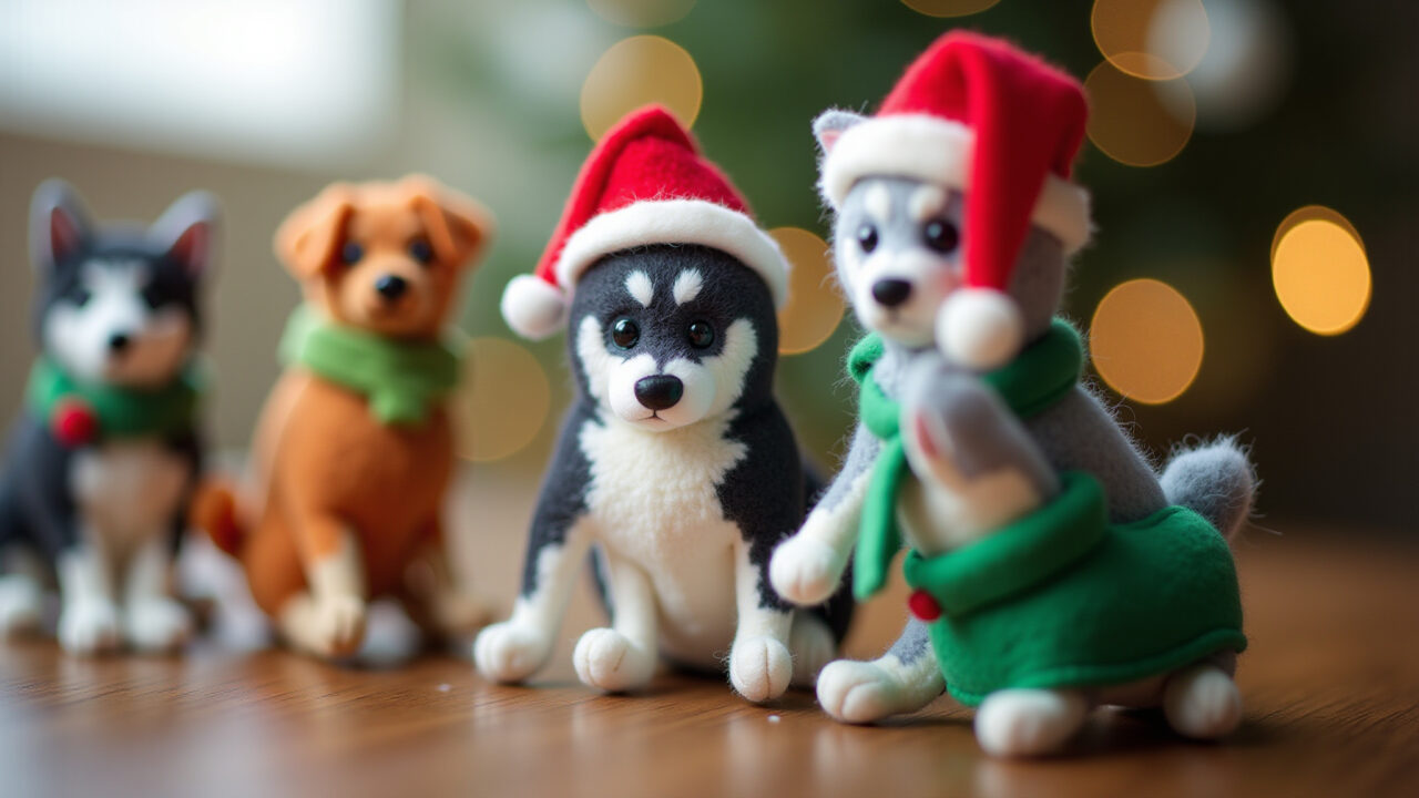 Guirlanda de Natal com huskies siberianos de feltro.