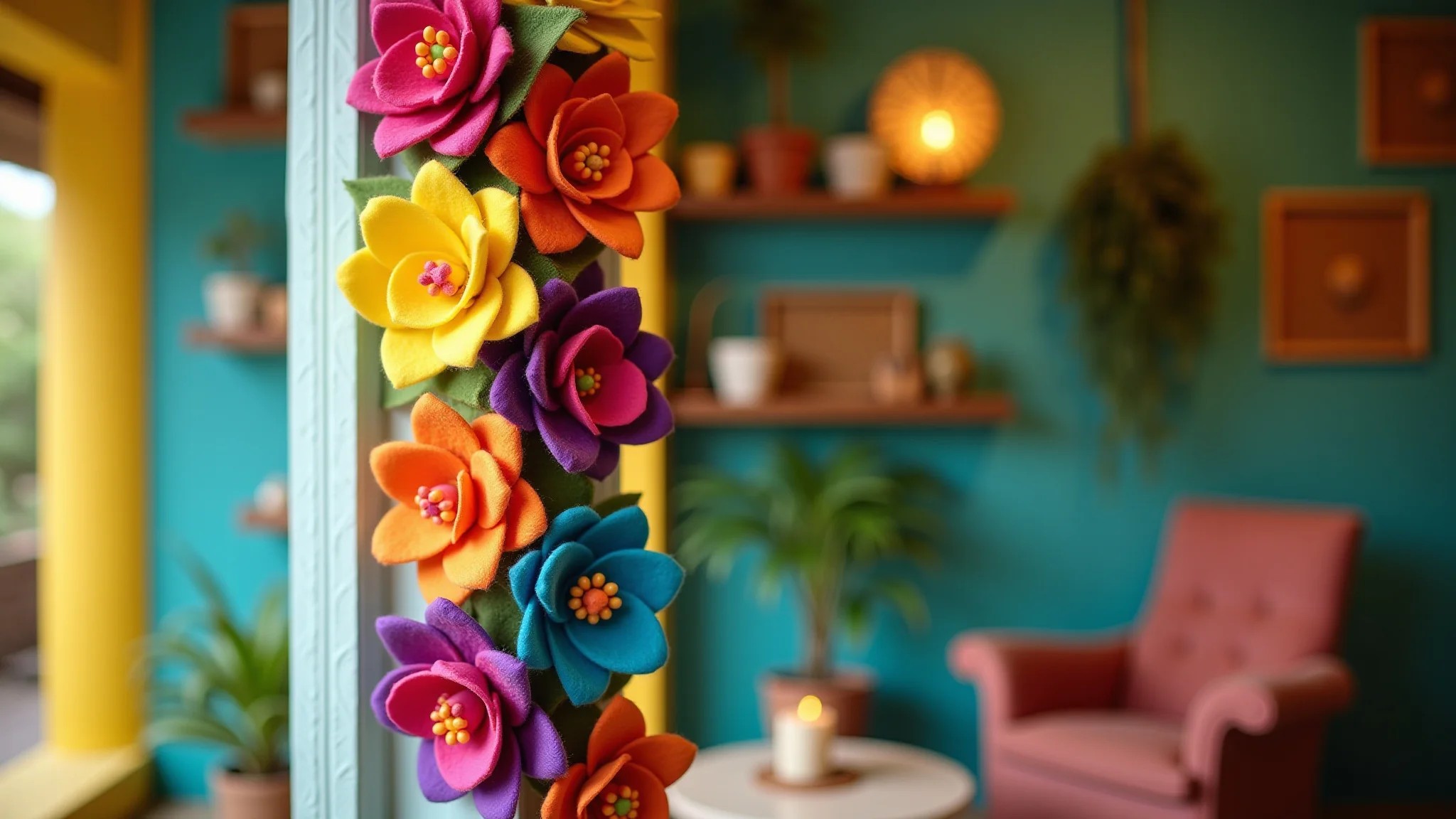 Guirlanda de flores de feltro colorida decorando interior de casa brasileira aconchegante.