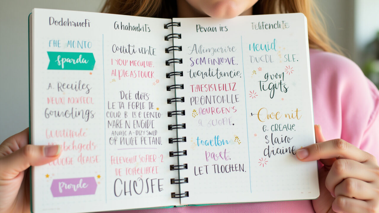 Diário de gratidão colorido com frases inspiradoras.