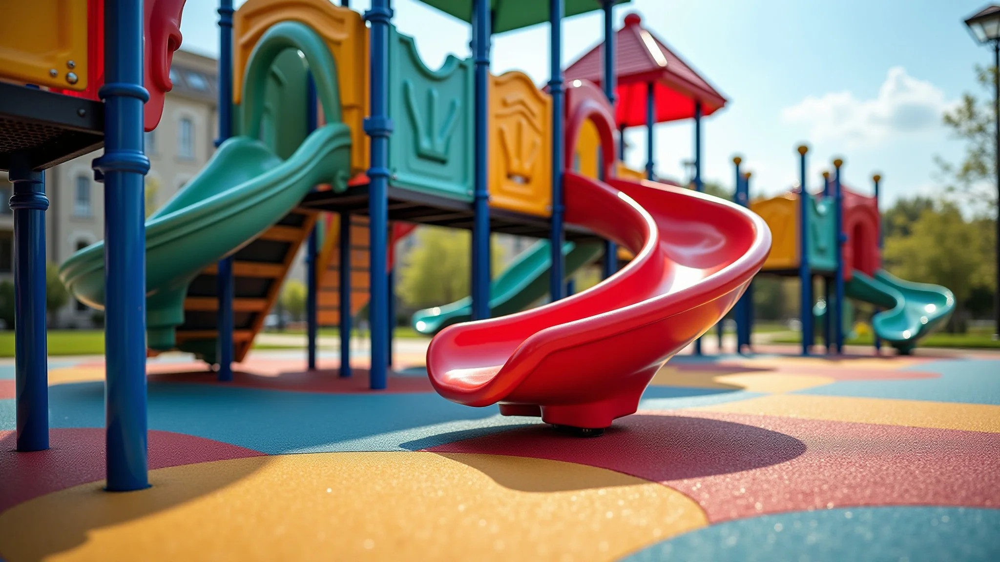 Playground colorido com piso de borracha para segurança infantil.