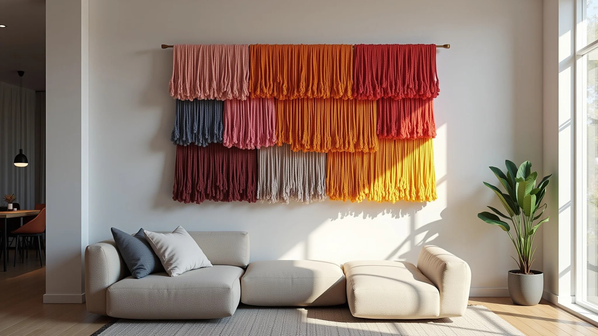 Quadro de barbante colorido em casa brasileira moderna, estilo Farm Rio.