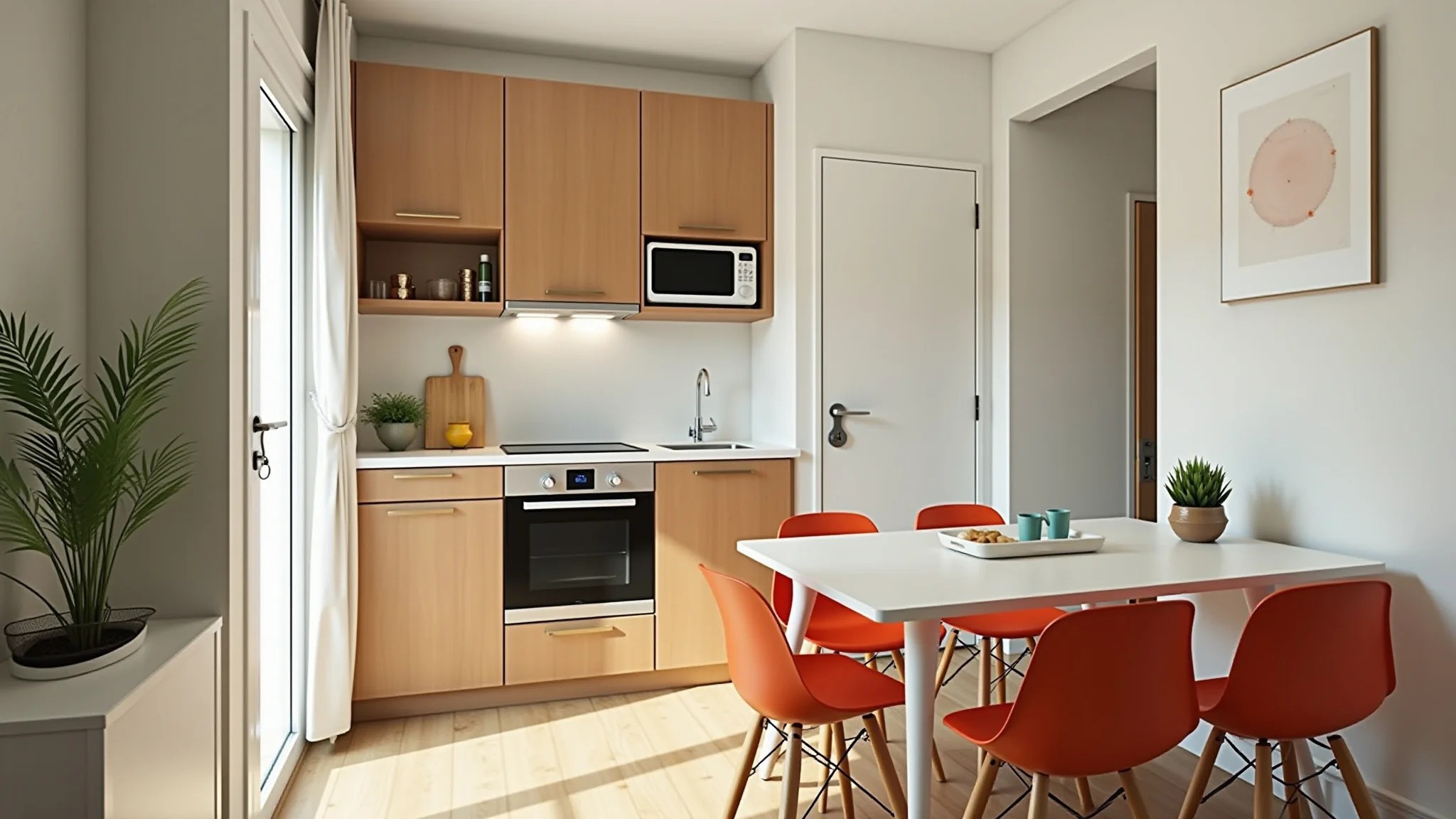 Cozinha compacta de apartamento com móveis multifuncionais e cores vibrantes.