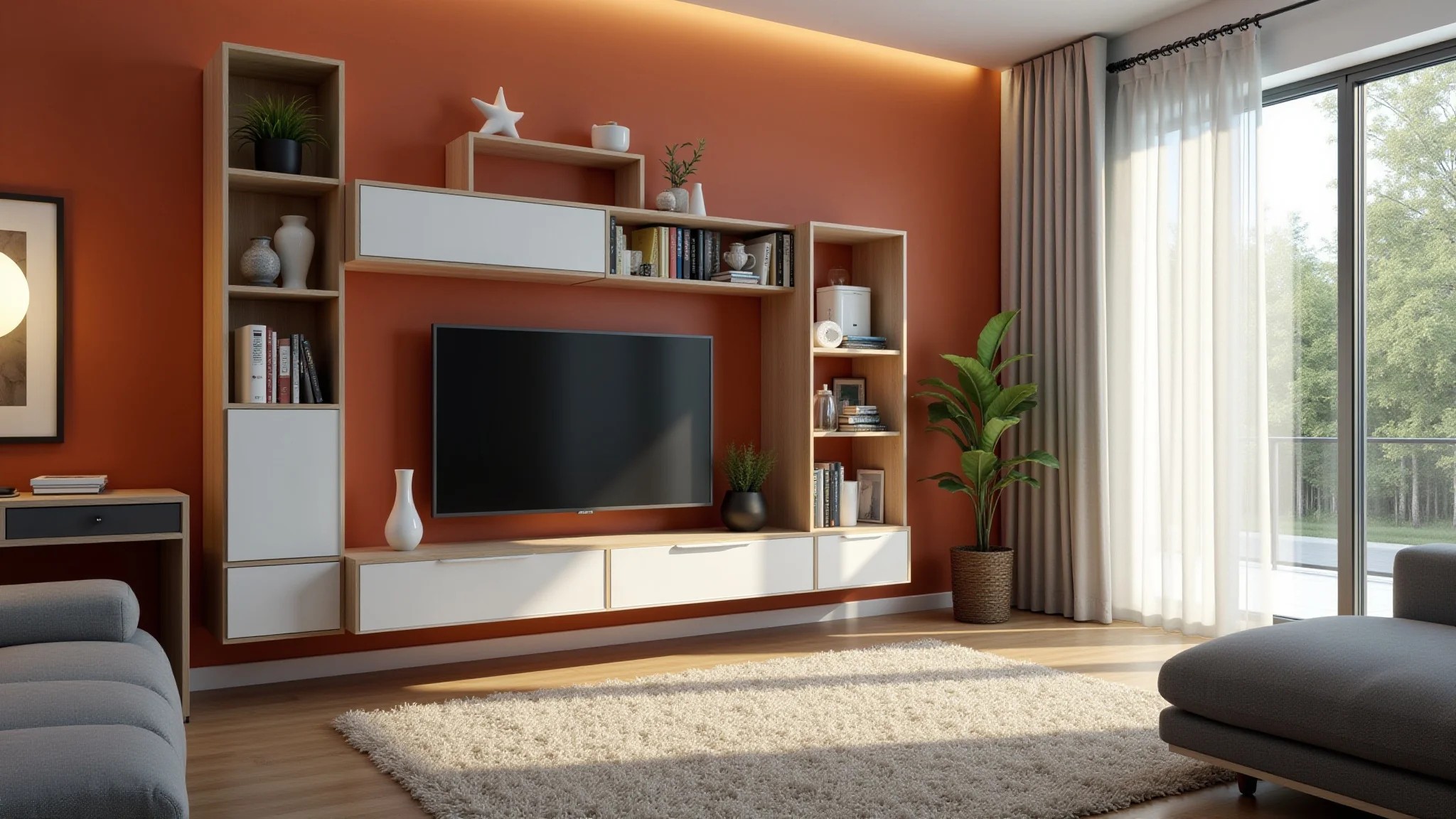 Rack suspenso em sala pequena, design moderno e cores vibrantes.