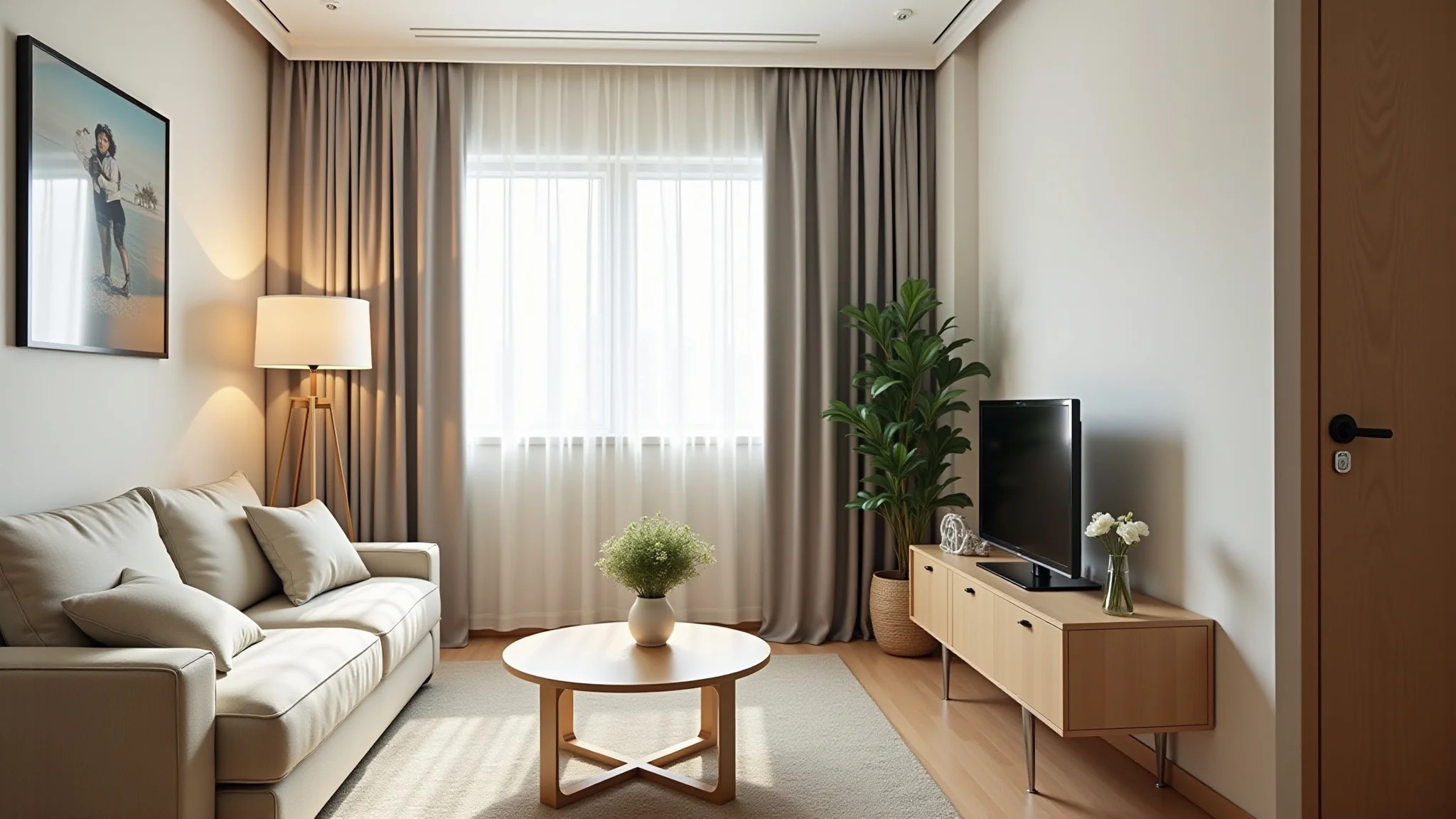 Sala de estar pequena com design minimalista e móveis de madeira clara.
