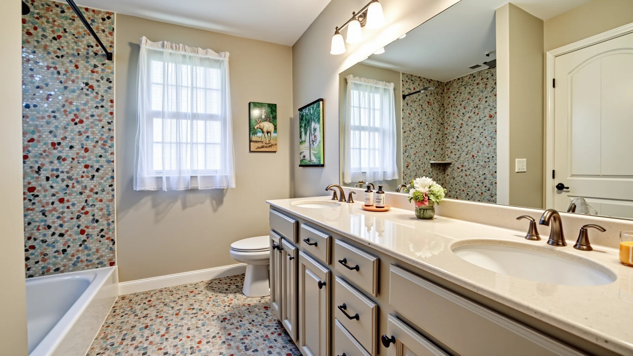 Banheiro reformado com azulejos coloridos e decoração em estilo brasileiro.