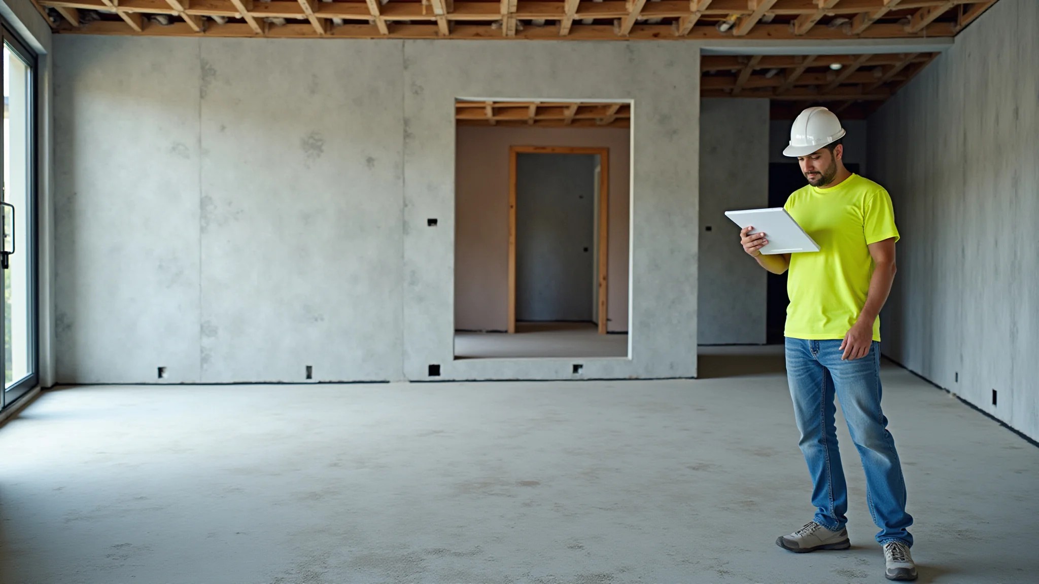 Canteiro de obras organizado com diferentes tipos de piso, foco na segurança e trabalhadores brasileiros.