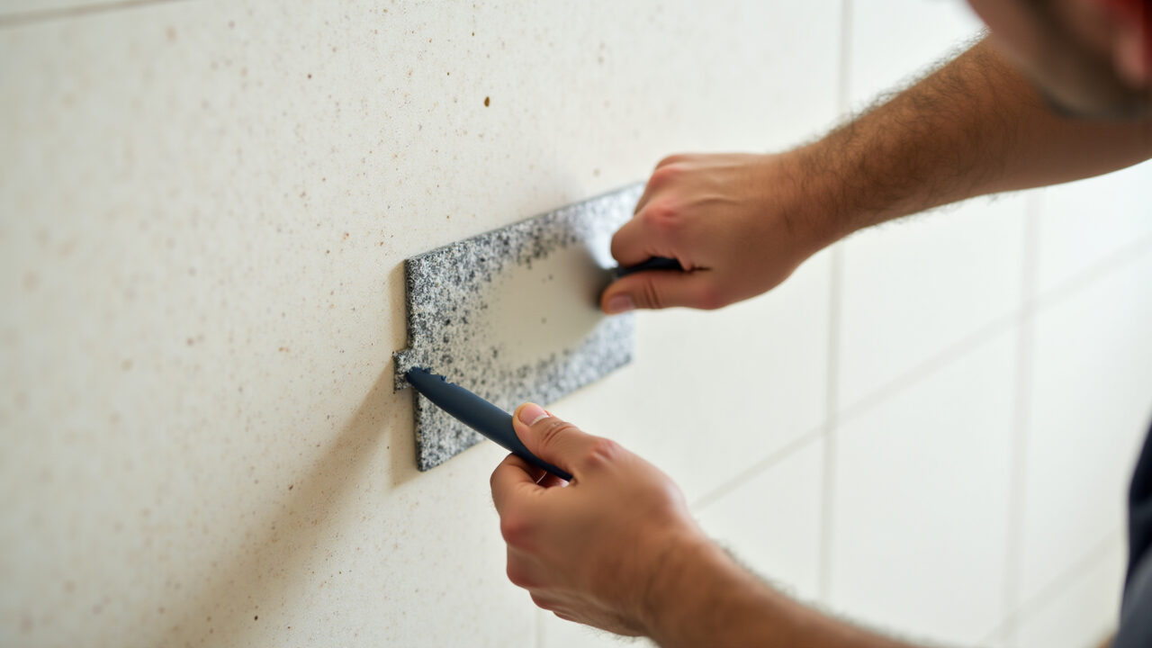 Trabalhador aplicando argamassa com desempenadeira dentada.