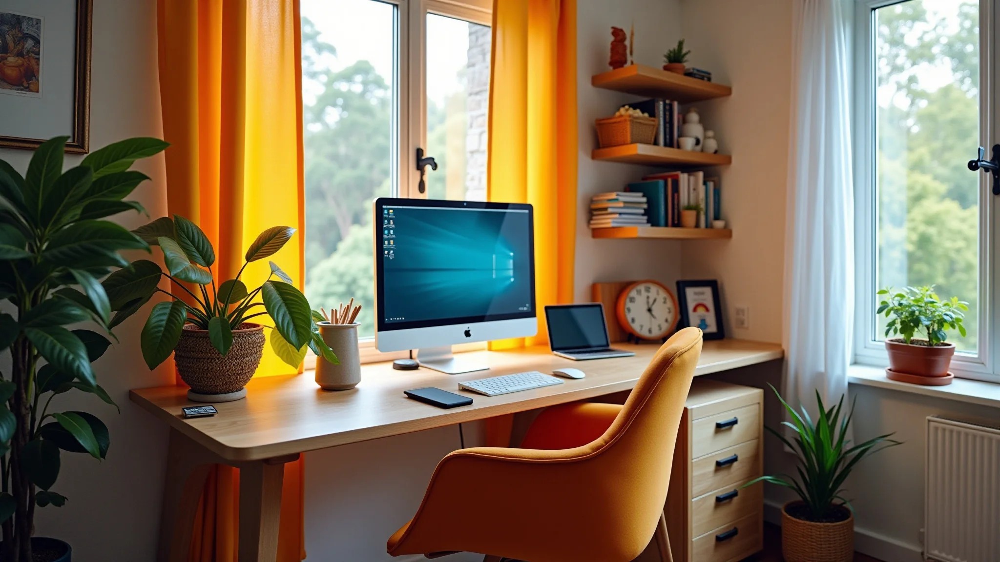 Mesa de canto otimizando espaço em home office pequeno com design brasileiro.