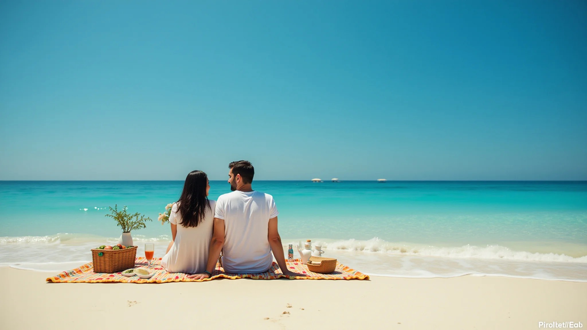 Casal fazendo um piquenique em uma praia ensolarada no Brasil.