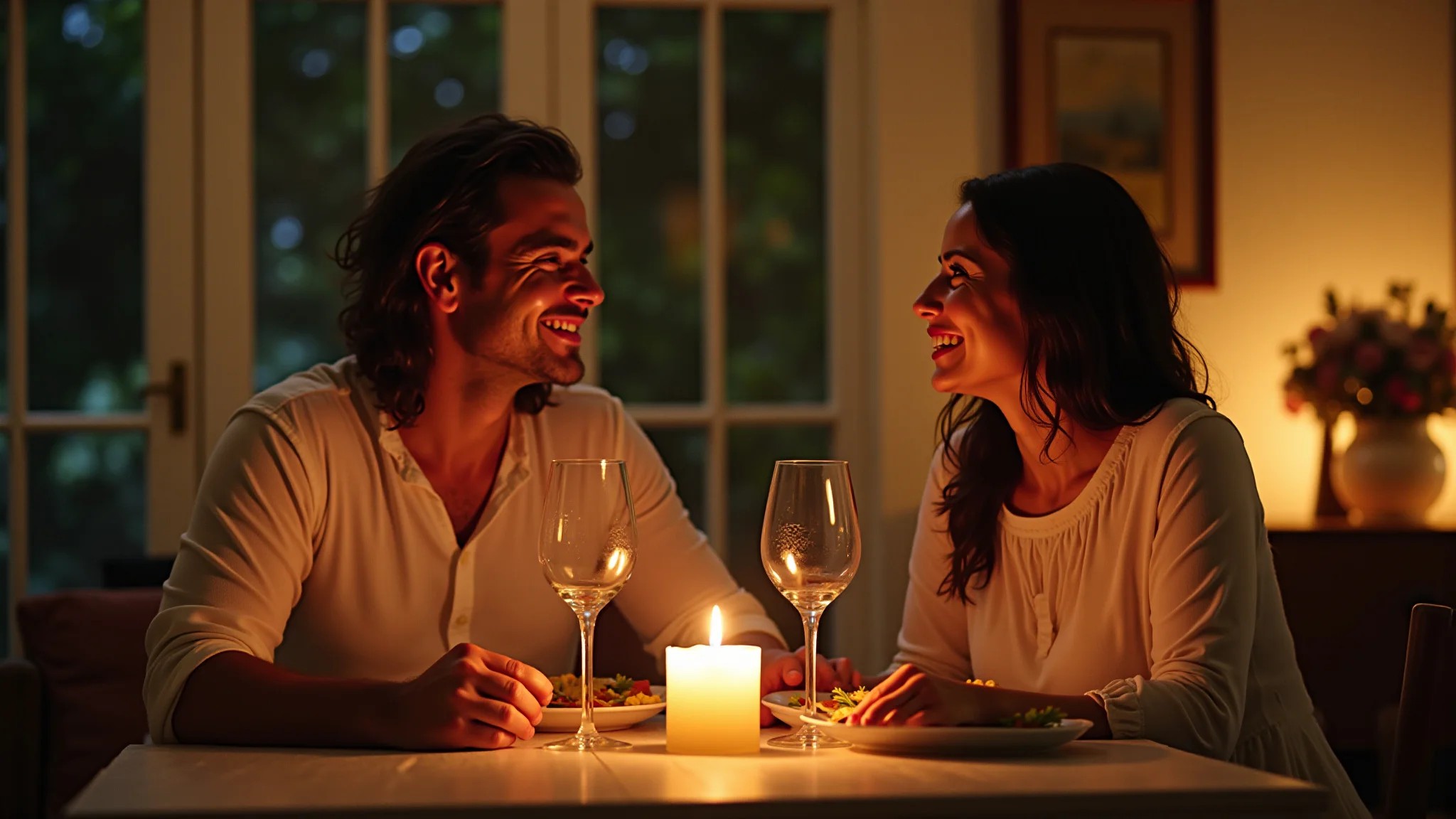 Casal tendo um jantar romântico à luz de velas em casa, decoração brasileira.