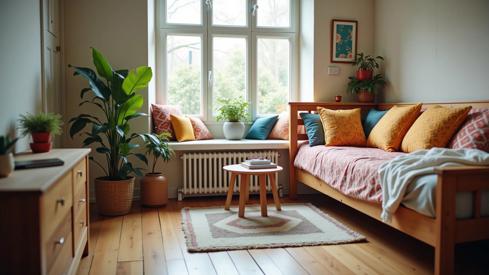 Quarto escritório aconchegante, estilo boho, almofadas coloridas, plantas e piso de madeira.