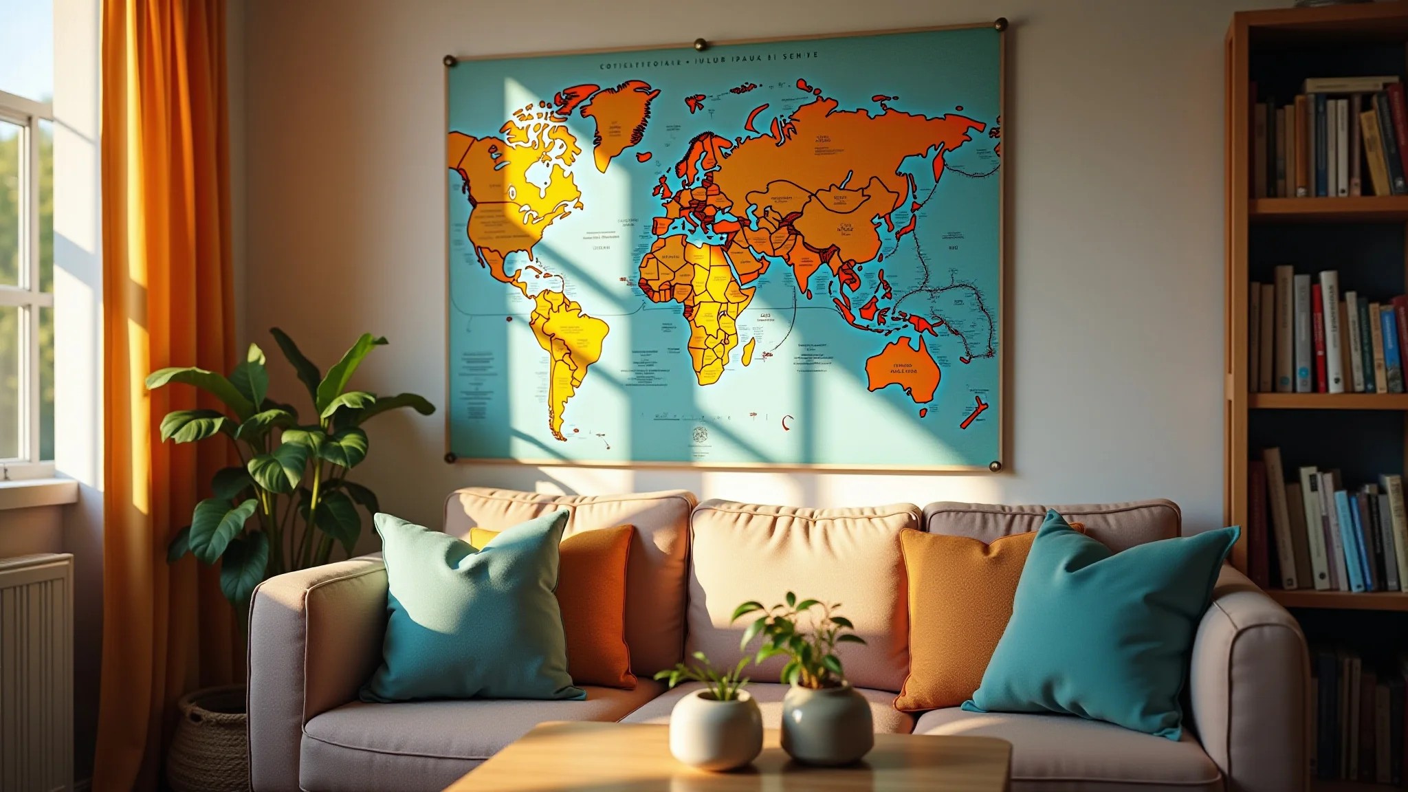 Apartamento aconchegante com lembranças de viagem e mapa-múndi, representando o sonho de intercâmbio.