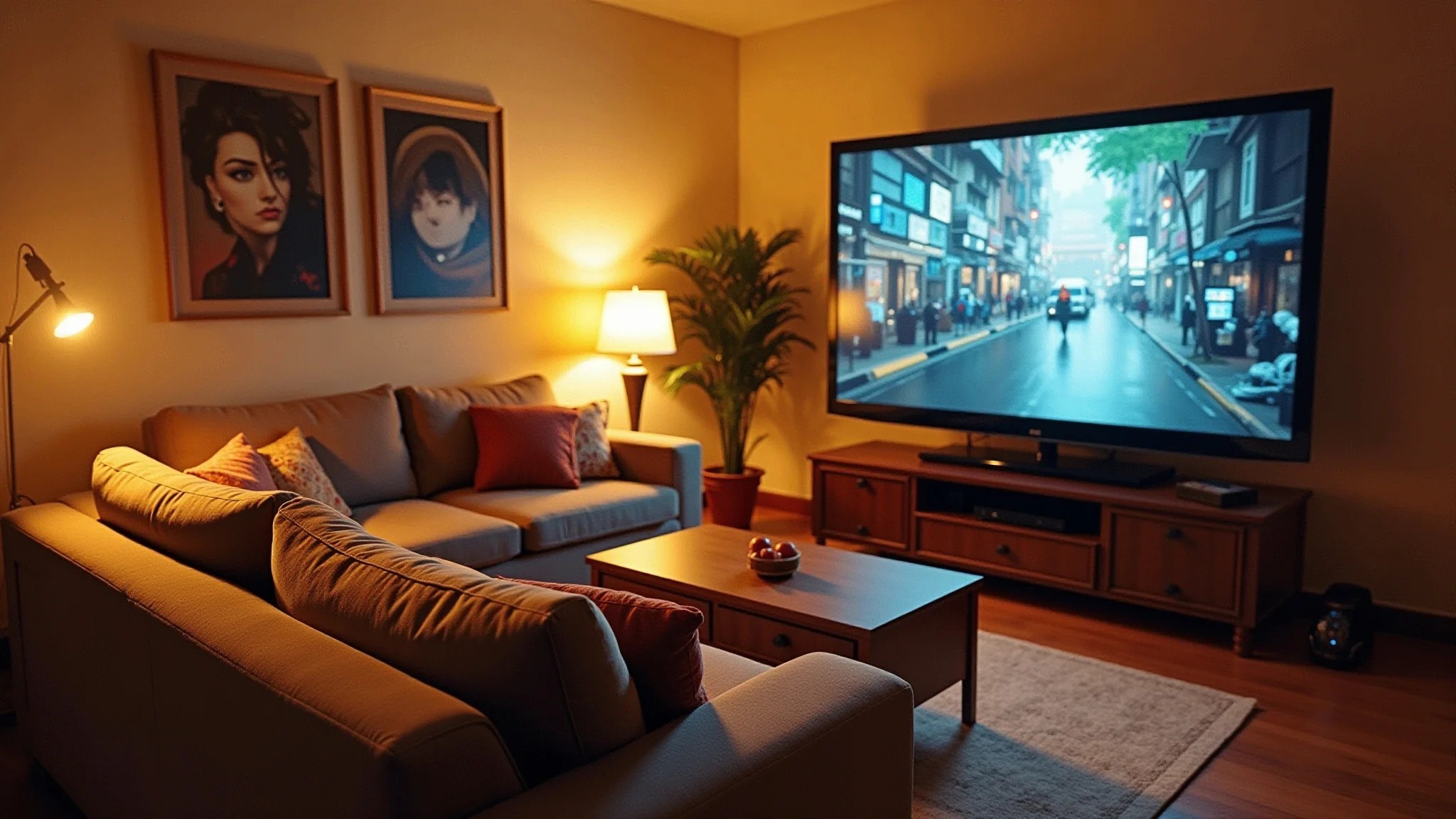 Sala de jogos aconchegante com sofá confortável, almofadas decorativas e TV de tela grande.