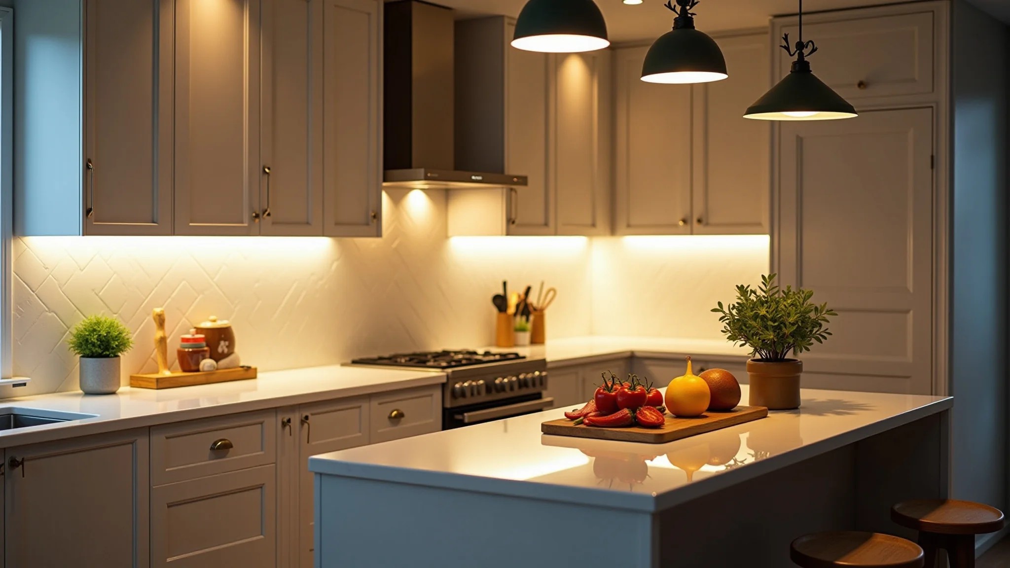 Cozinha aconchegante com iluminação LED eficiente sob armários e bancada vibrante.