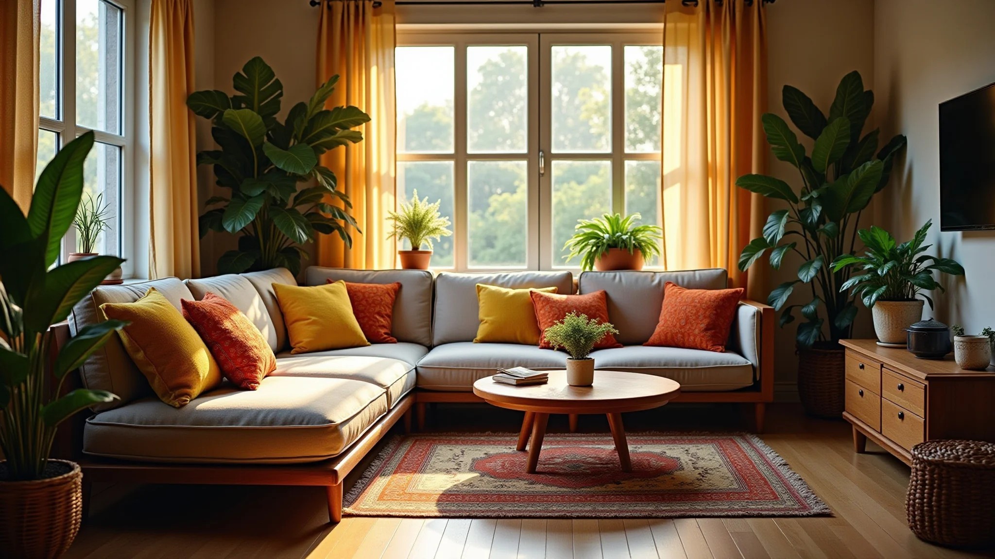 Sala de estar aconchegante com plantas, almofadas coloridas e sofá confortável.