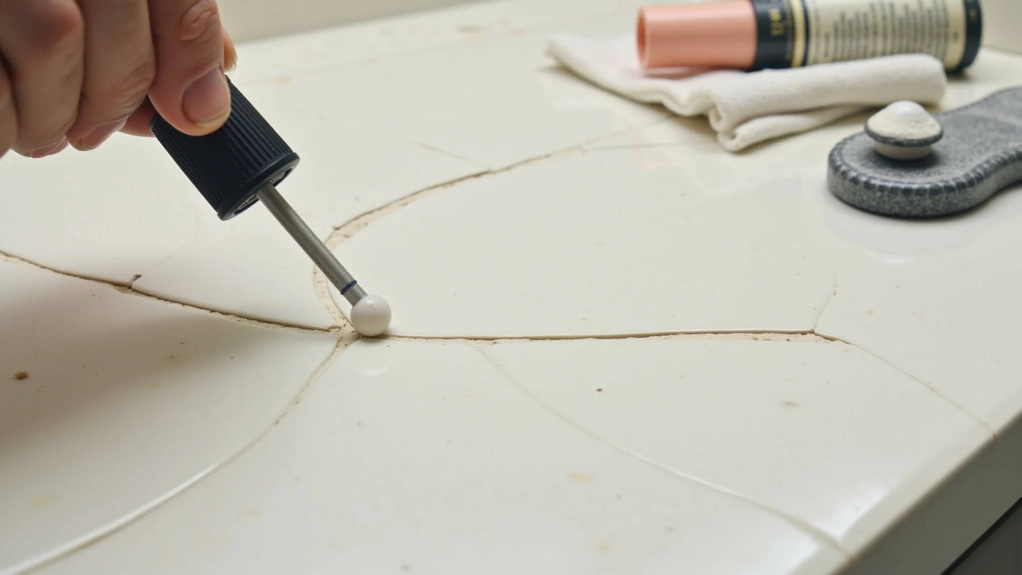Consertando rachadura em azulejo do banheiro para prevenir infiltrações.