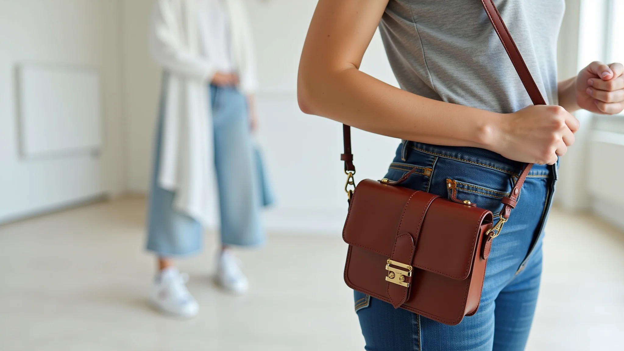 Bolsa transversal combinada com look casual.