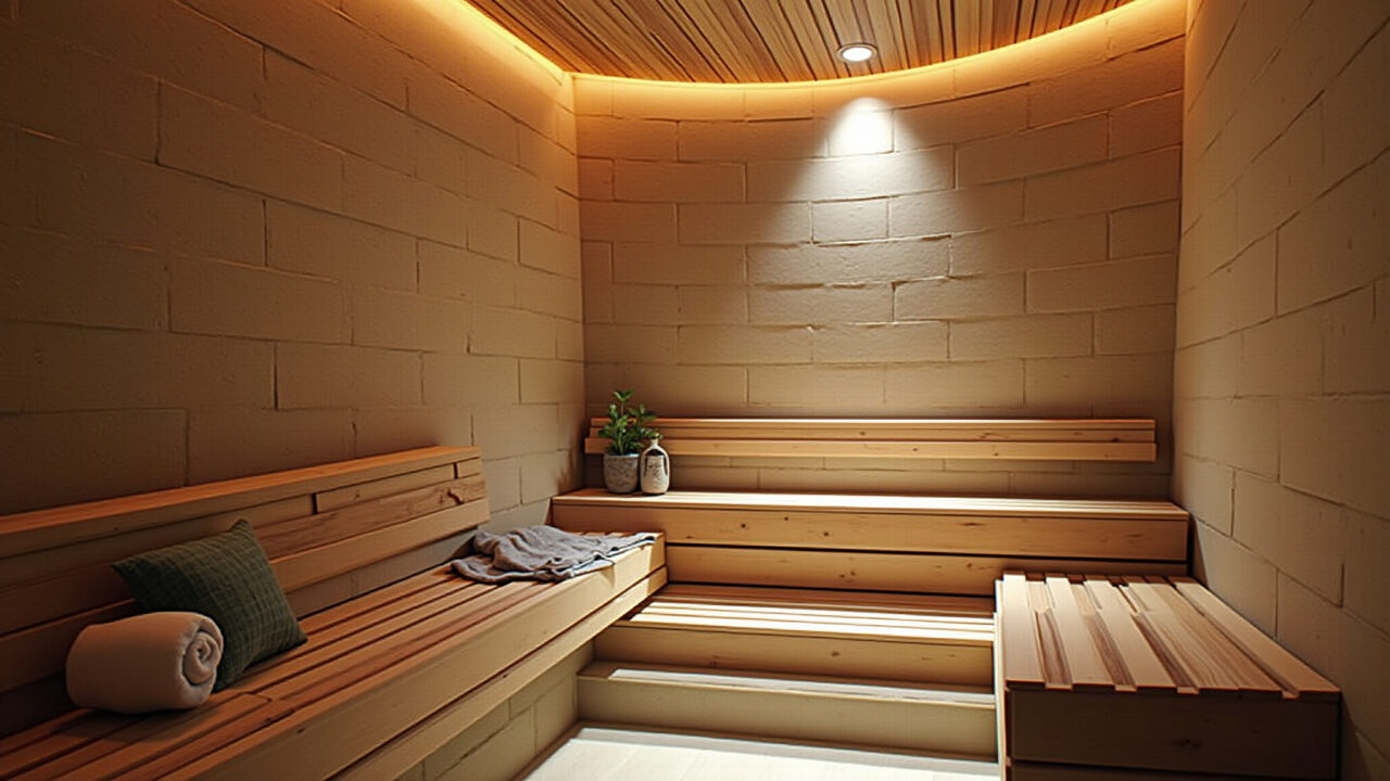 Sauna úmida personalizada com paredes revestidas e aromaterapia.