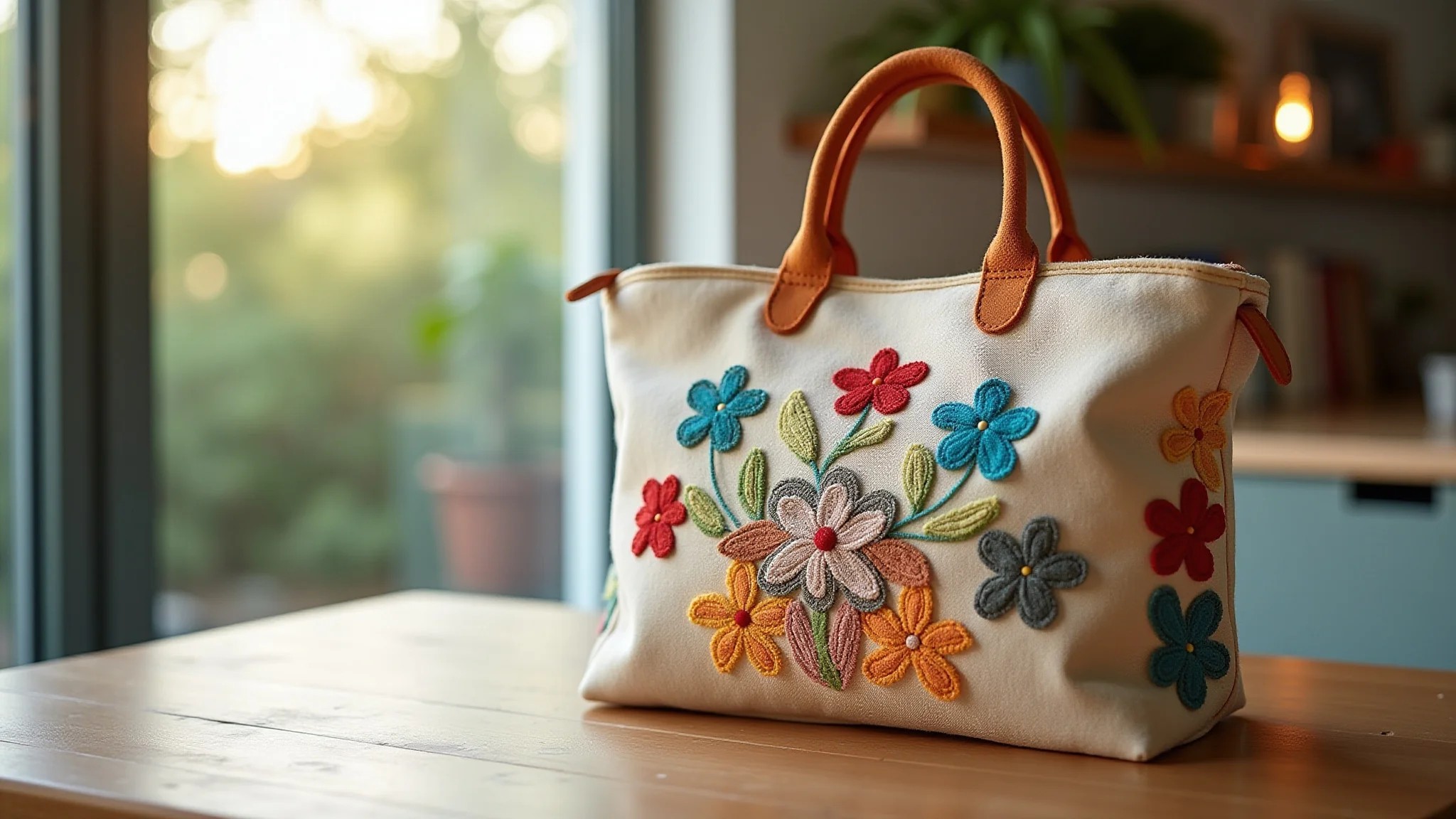 Ecobag customizada com aplicações de tecido colorido.