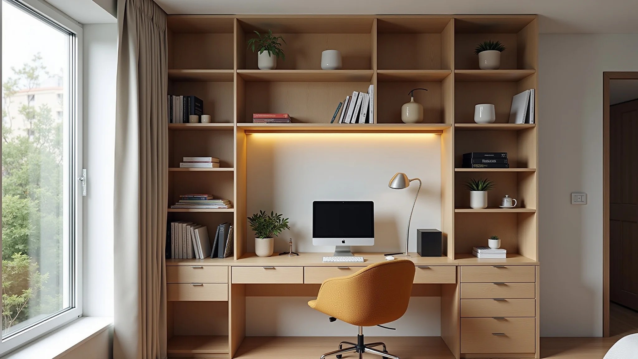 Mesa com nichos para organização em home office pequeno.