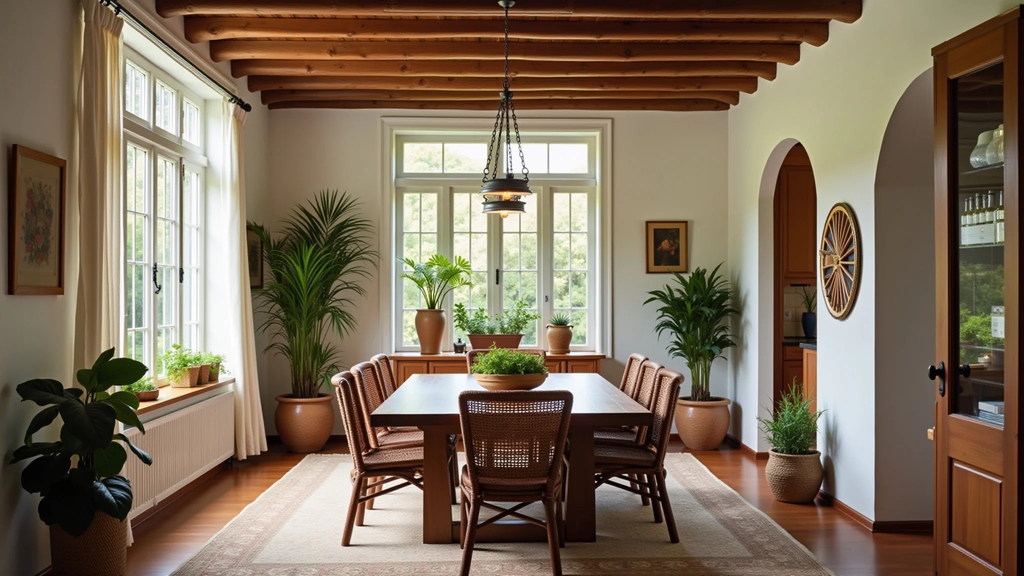 Sala de jantar com iluminação integrada e decoração estilo Farm Rio, plantas e artesanato brasileiro.