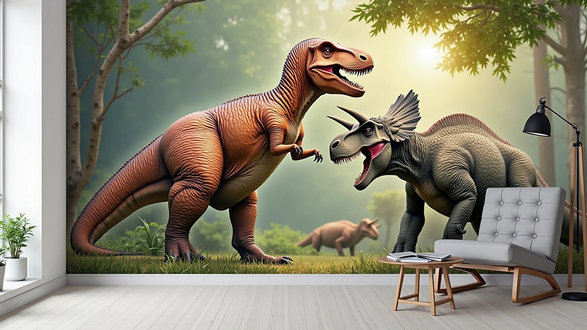 Papel de parede infantil com tema de dinossauros, T-Rex e Triceratops.