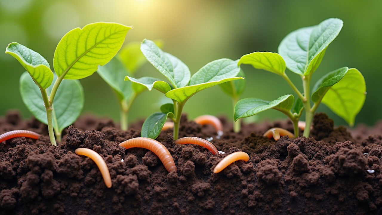 Ecossistema diversificado na horta com minhocas e outros organismos benéficos.