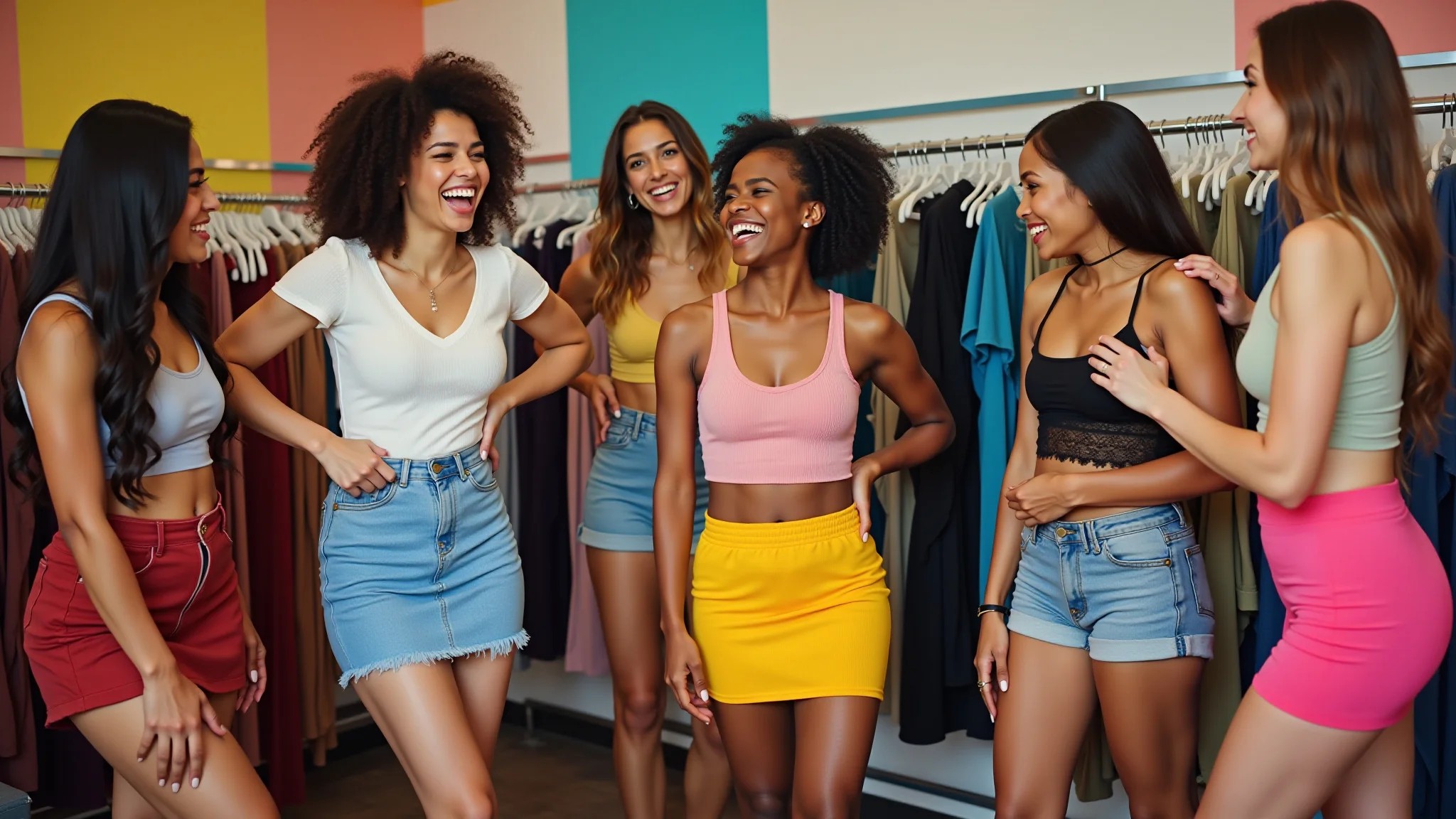 Grupo diverso de mulheres brasileiras experimentando mini saias em boutique colorida.