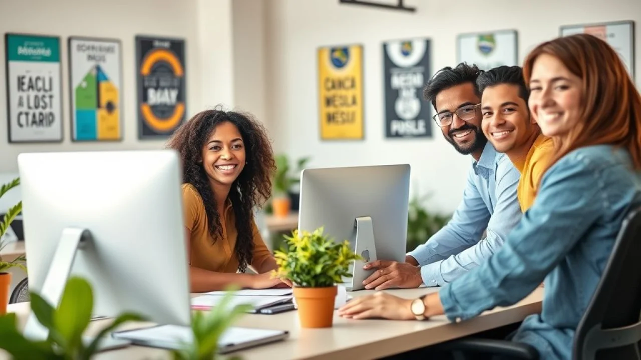 Equipe diversa trabalhando em escritório ergonômico no Brasil com foco em bem-estar e produtividade.