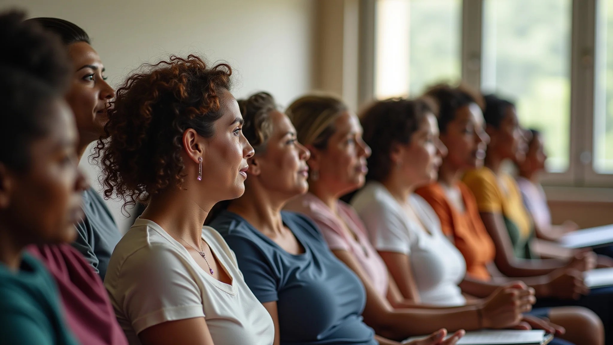 Grupo diverso de mães em reunião de apoio.