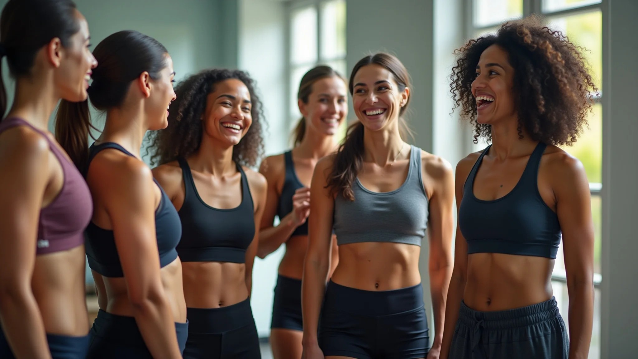 Grupo diverso de pessoas em roupas de academia conversando após o treino.