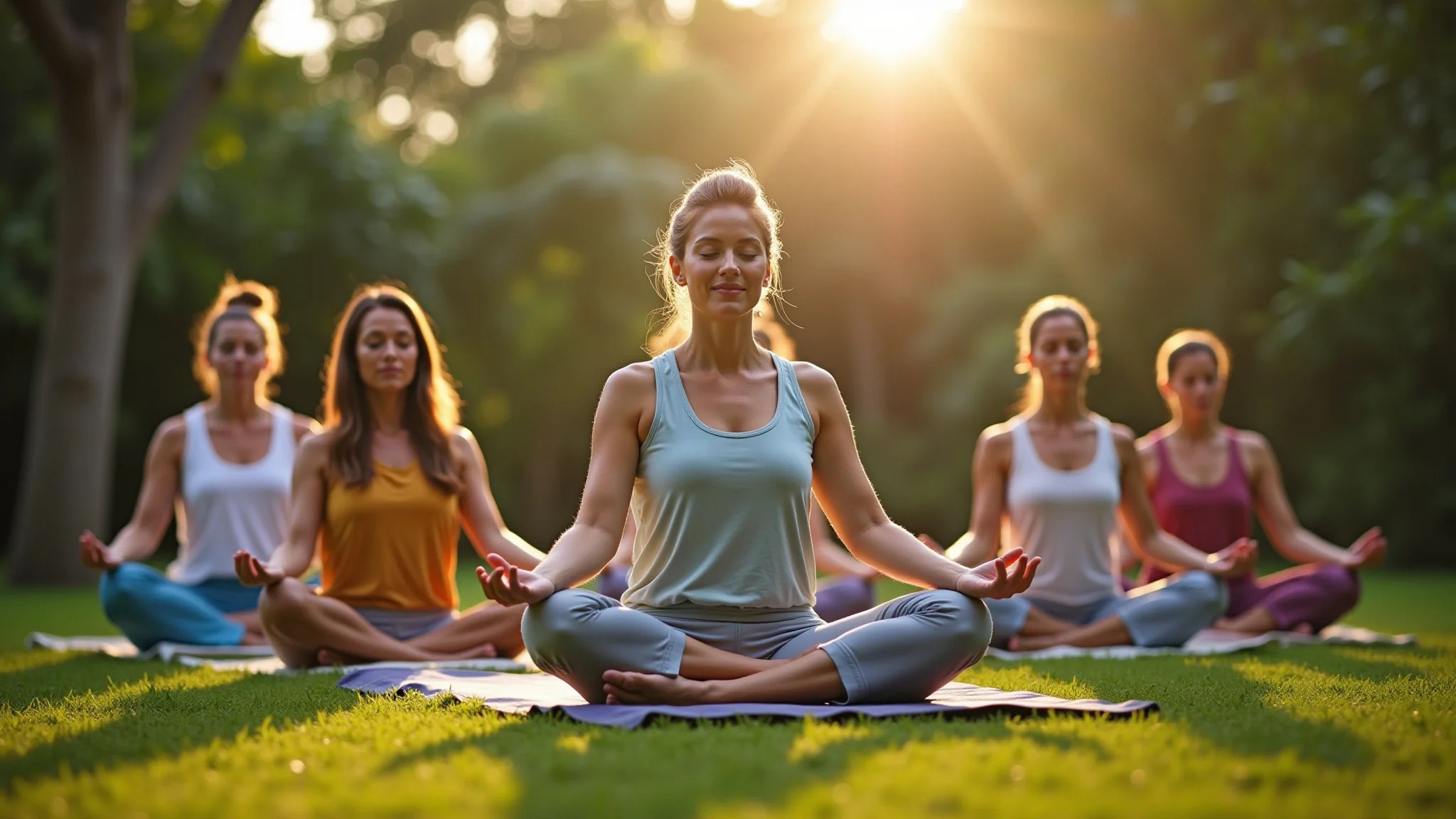 Grupo diverso de mulheres meditando em jardim brasileiro ao ar livre.
