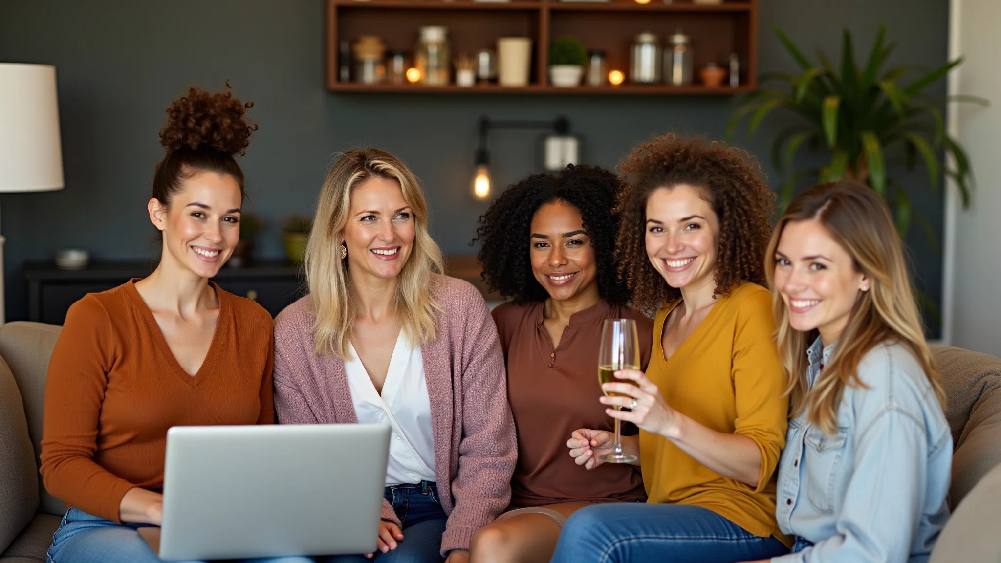 Mulheres diversas em looks confortáveis e estilosos em um happy hour virtual.