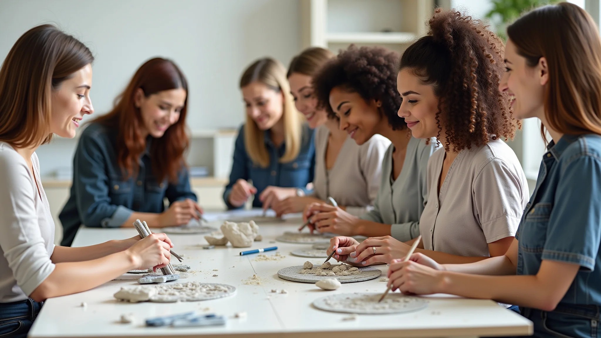 Grupo diverso de mulheres em oficina de artesanato, aprendendo a fazer arte em gesso.