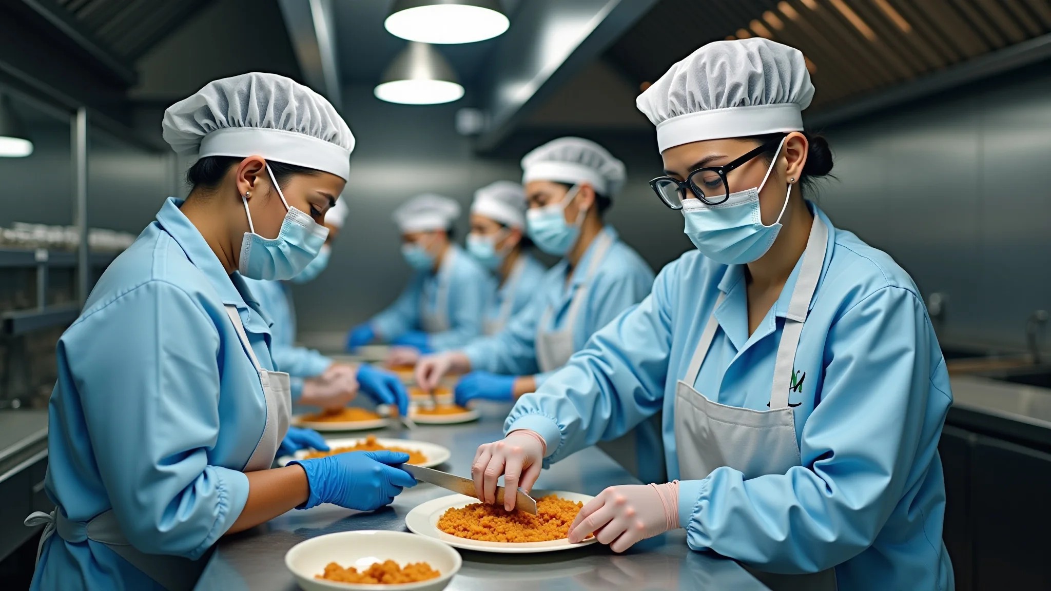 Equipe seguindo protocolos de segurança alimentar