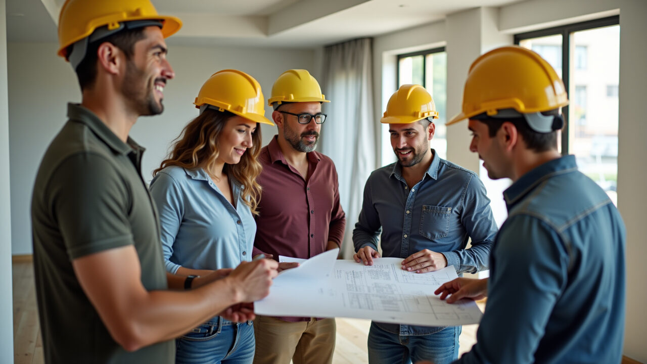 Equipe diversa de construção discutindo planta em casa moderna.