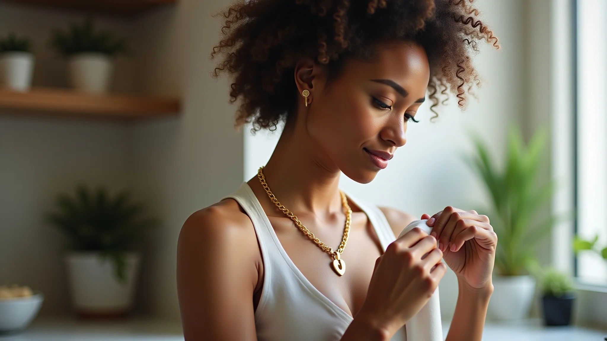Mulher polindo colar dourado com pano macio para revitalizar o brilho.