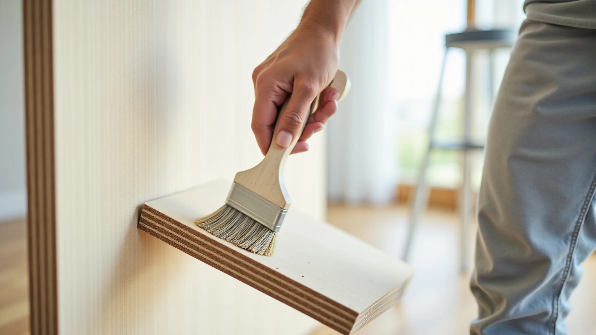 Entusiasta de DIY aplicando primer em placa de MDF antes de pintar.
