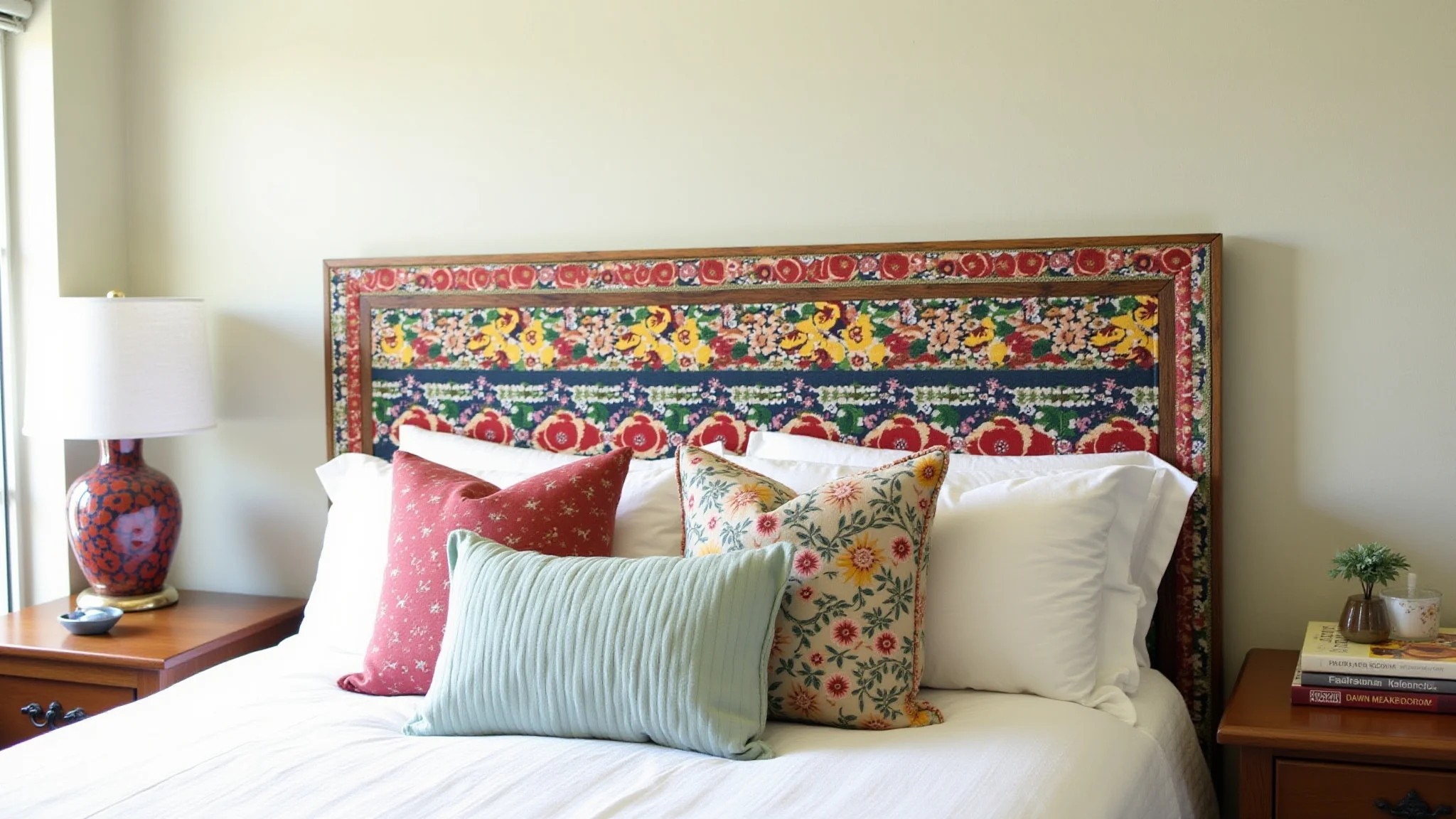 Cabeceira de cama DIY feita de madeira reciclada e tecido colorido.