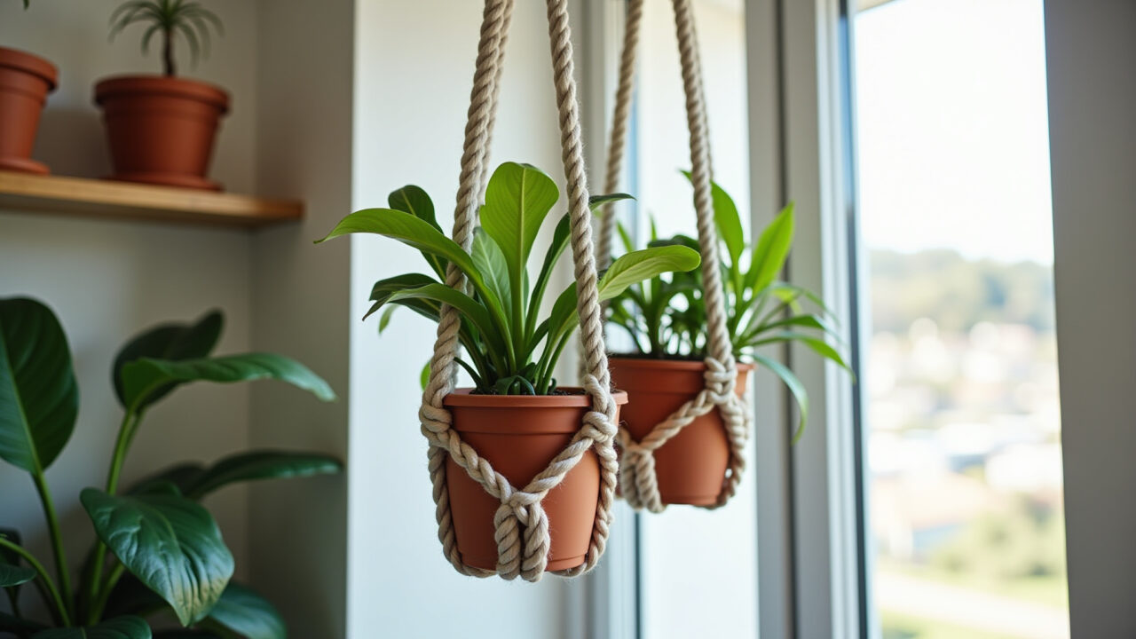 Suporte de macramê duplo para dois vasos de plantas.