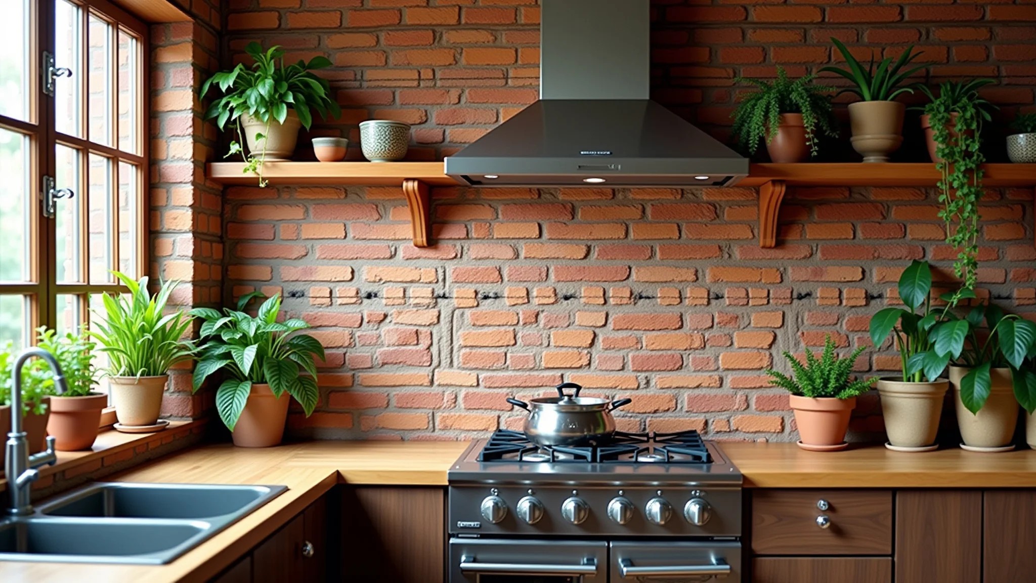 Parede de tijolos finalizada em cozinha brasileira aconchegante, decorada com plantas e azulejos coloridos.