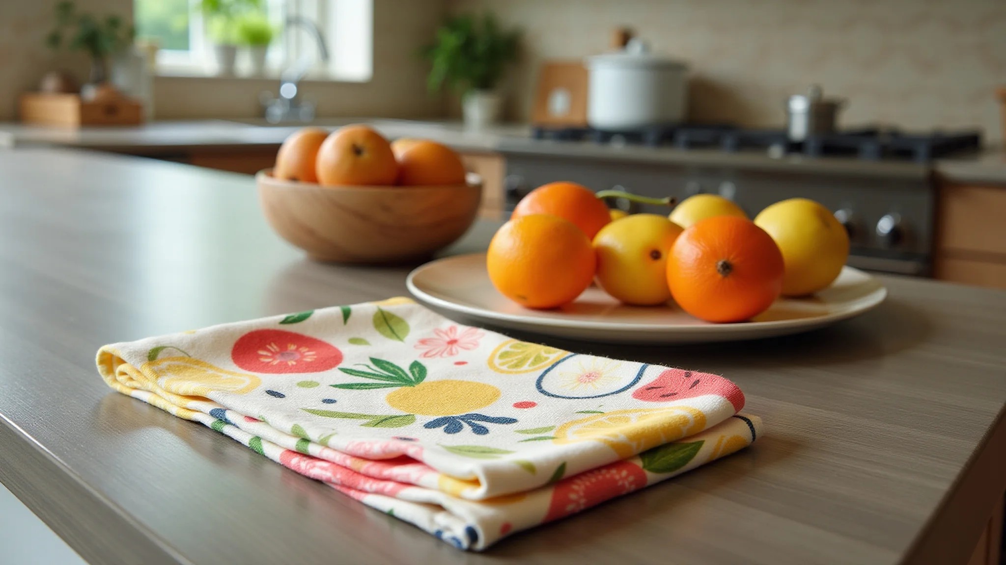 Pano de prato pintado à mão com estampa de frutas em cozinha brasileira.