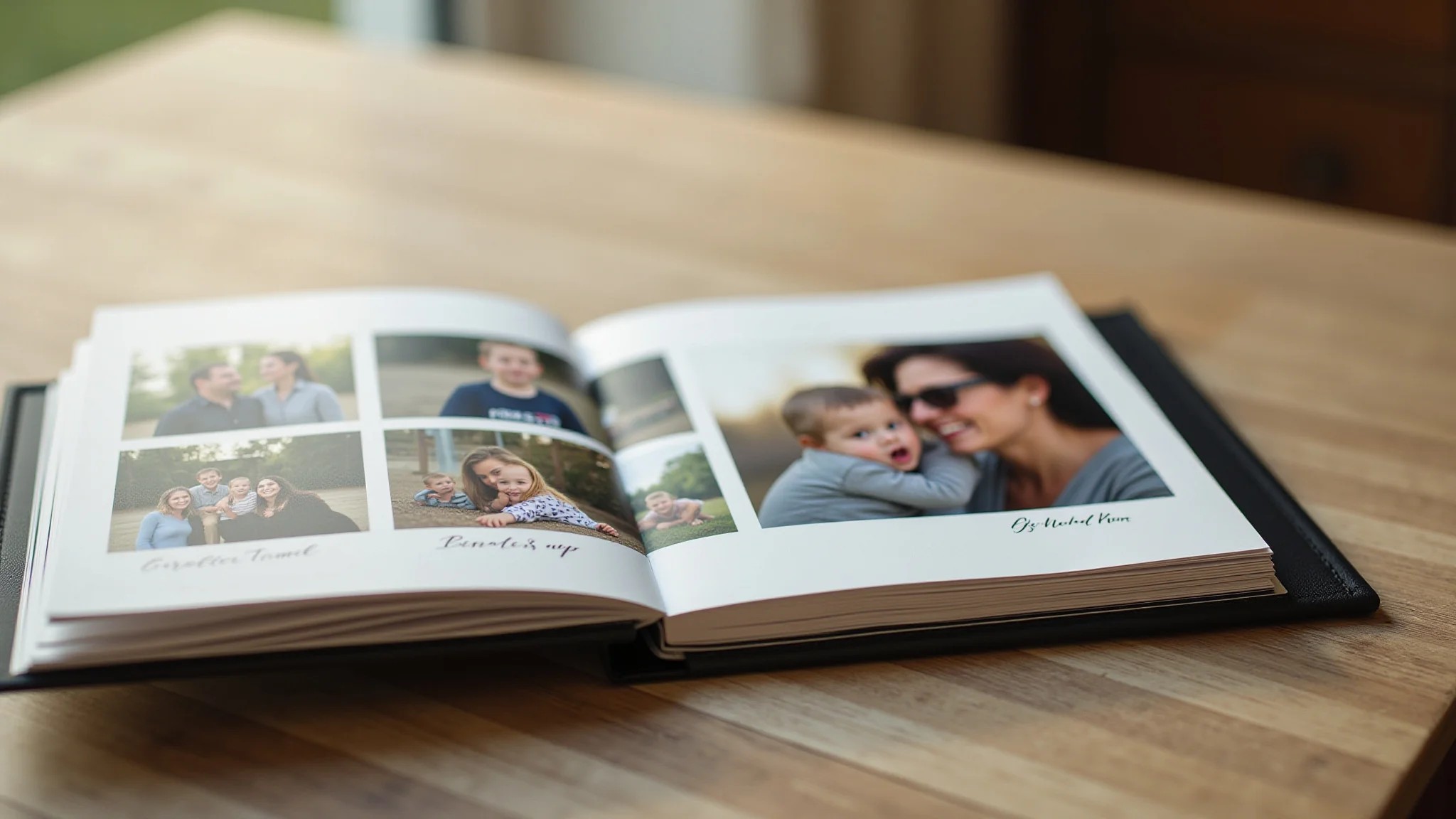 Álbum de scrapbook aberto com colagem de fotos de família e legendas.