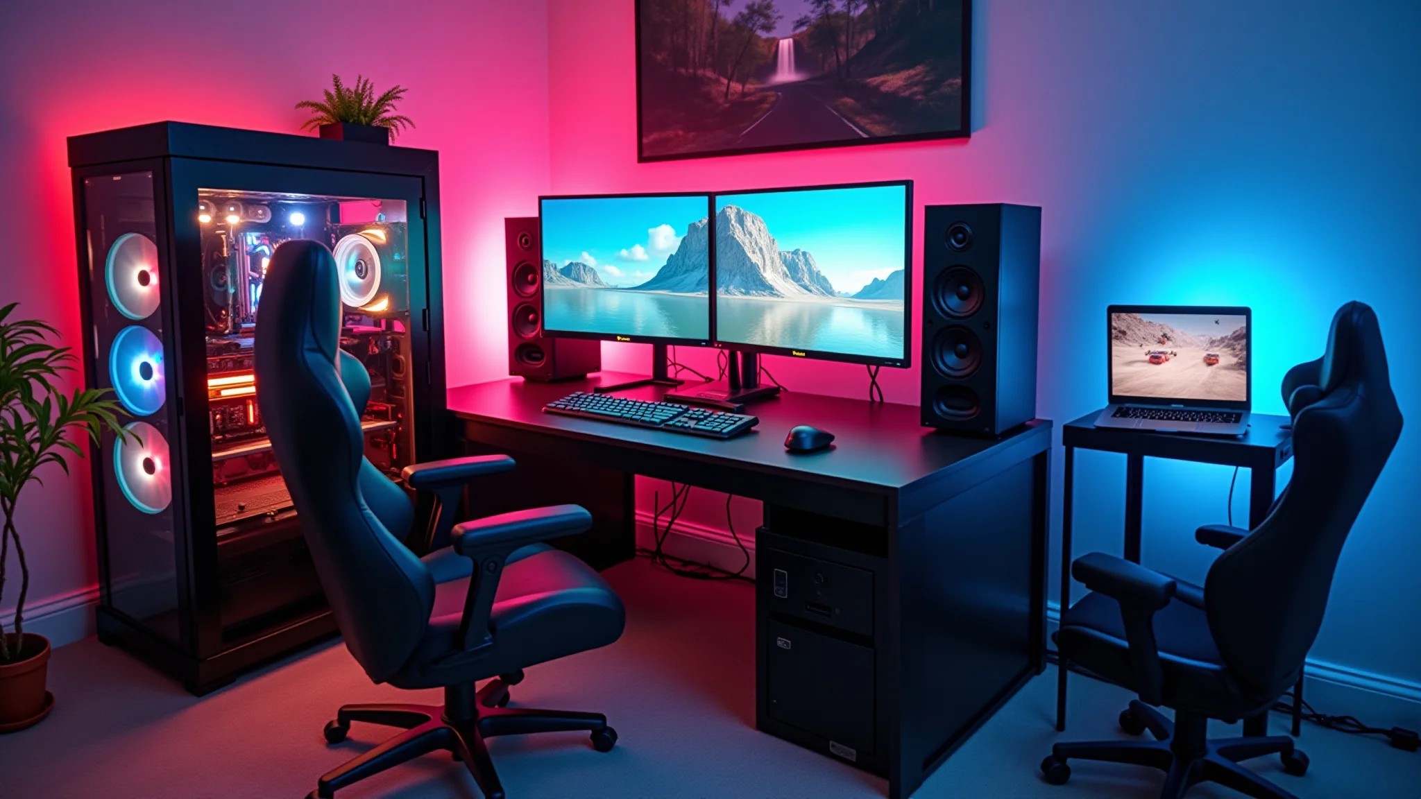 Sala de jogos com PC personalizado, múltiplos monitores e configuração de volante de corrida.