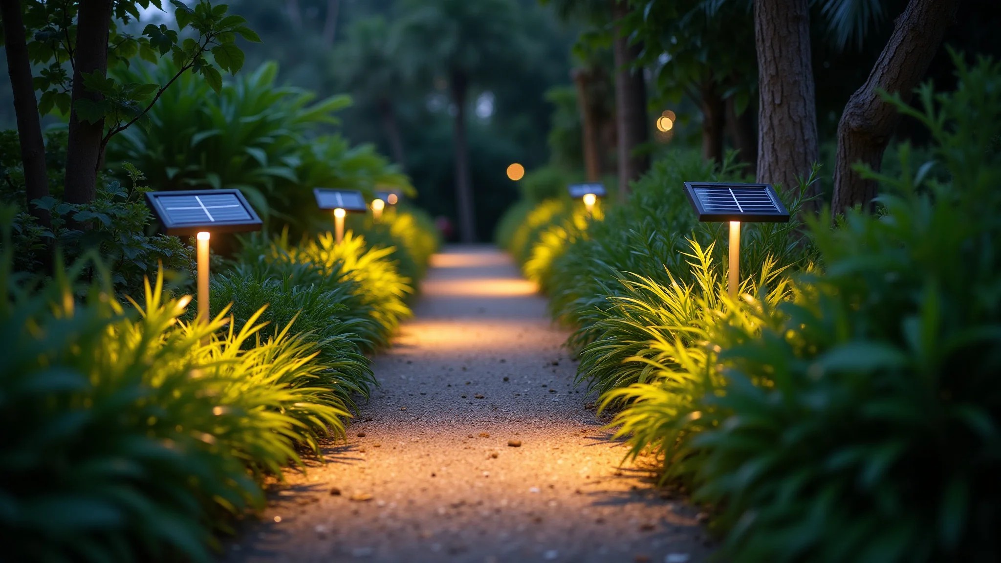 Caminho de jardim iluminado por luzes solares, design sustentável.