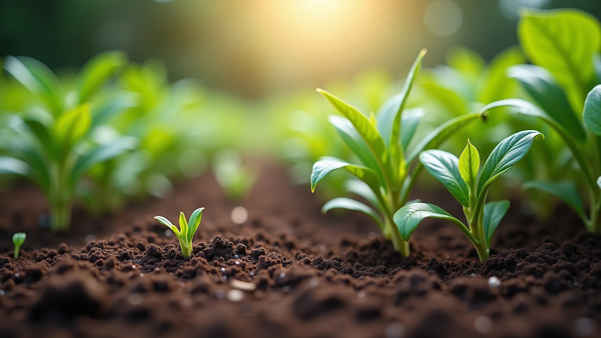 Jardim com plantas protegidas por borra de café contra lesmas.