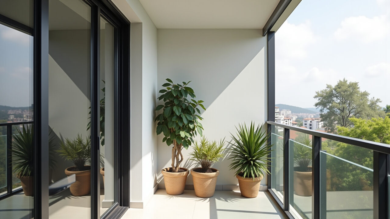 Sacada de vidro com decoração minimalista e plantas.