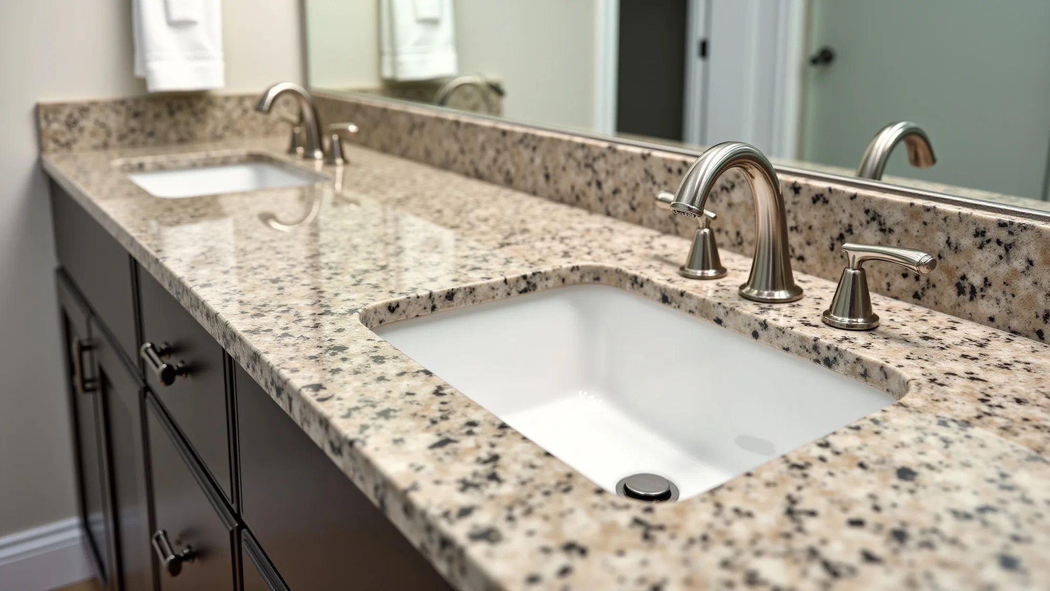 Bancada de banheiro em granito, material durável e design clean.