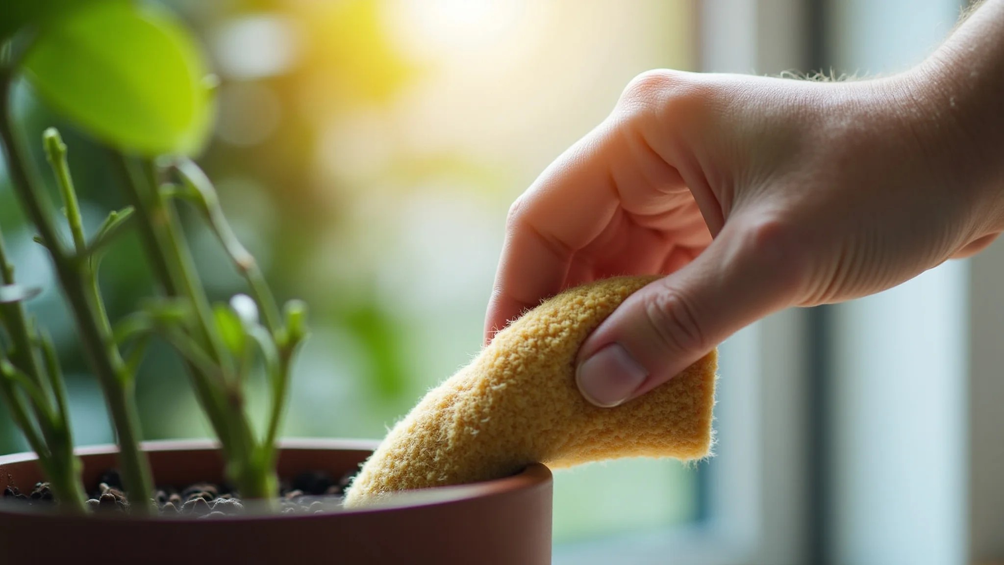 Mão colocando manta de bidim em vaso de planta para evitar entupimento da drenagem.