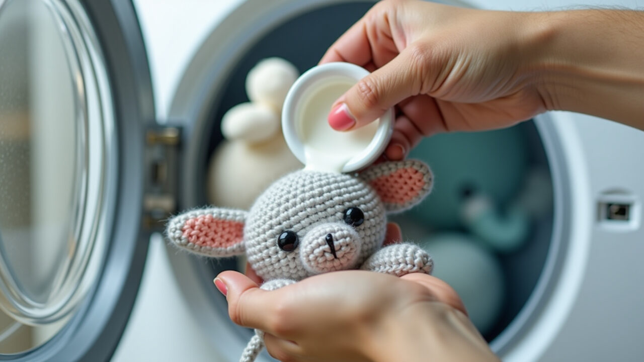 Usando sabão neutro para lavar amigurumis na máquina.